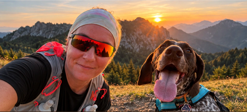 Trailrunnerin mit Hund in den Bergen bei Sonnenuntergang