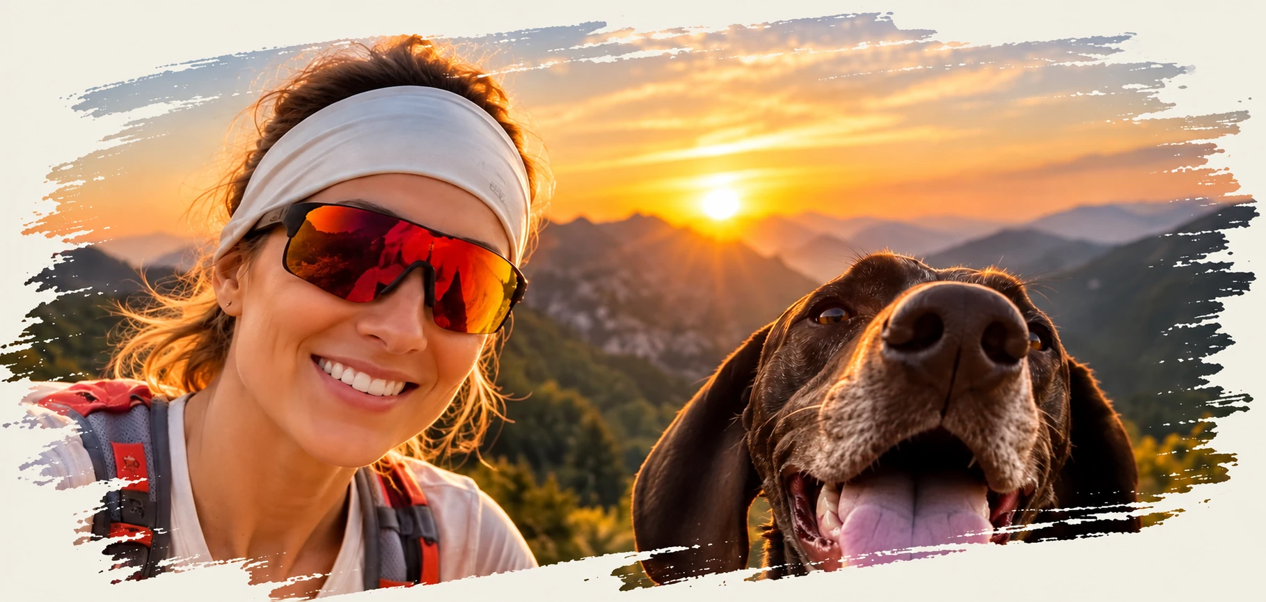 Trailrunnerin mit Hund bei Sonnenuntergang